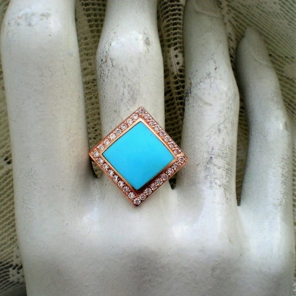 Natural Turquoise Ring Set- 14K Rose Gold Vermeil – Aquamarise Russian 14K 585 Rose Pink Gold Turquoise Blue Enamel Clear White CZ Stones Ring